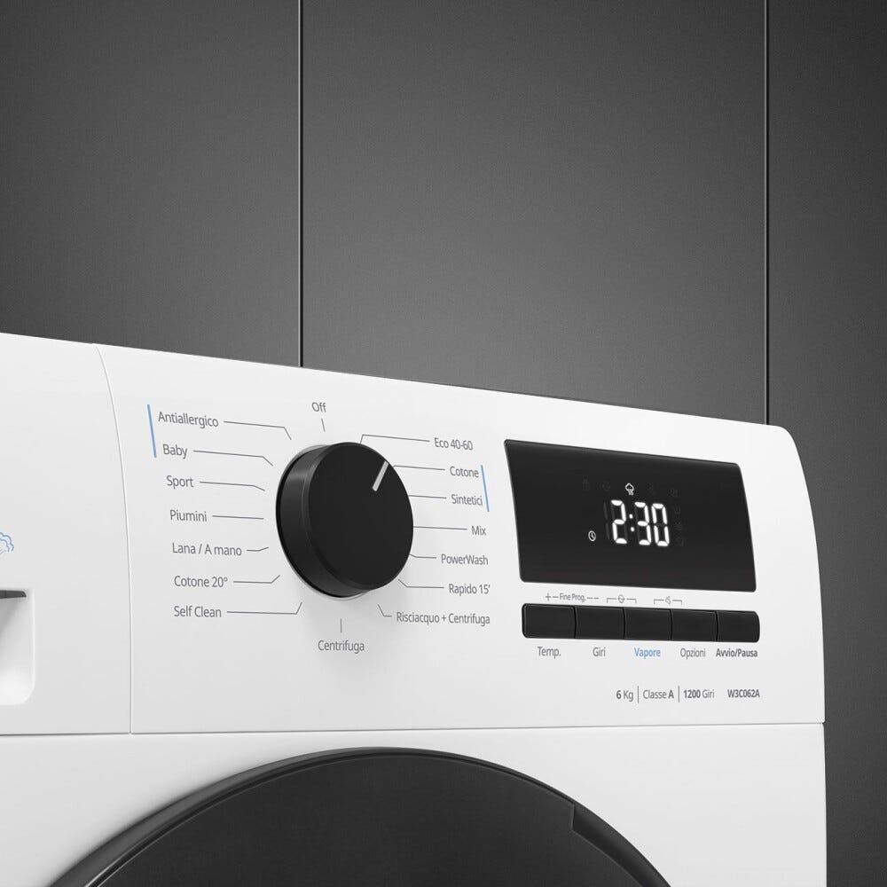 Smeg W3C062A Lavatrice slim cm. 60, profondità 46 cm, capacità 6 kg, funzione vapore, centrifuga 1200 giri/min, fine programmata, bianco