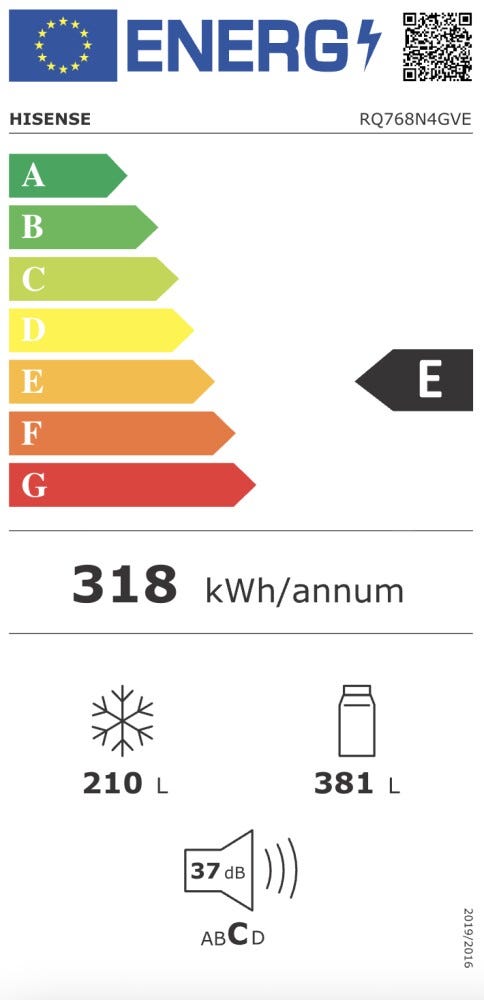 Hisense RQ768N4GVE Hi5 Frigorifero con congelatore 4 porte cm. 91, capacità 591 litri, Total No Frost, Metal-Tech Cooling, grigio
