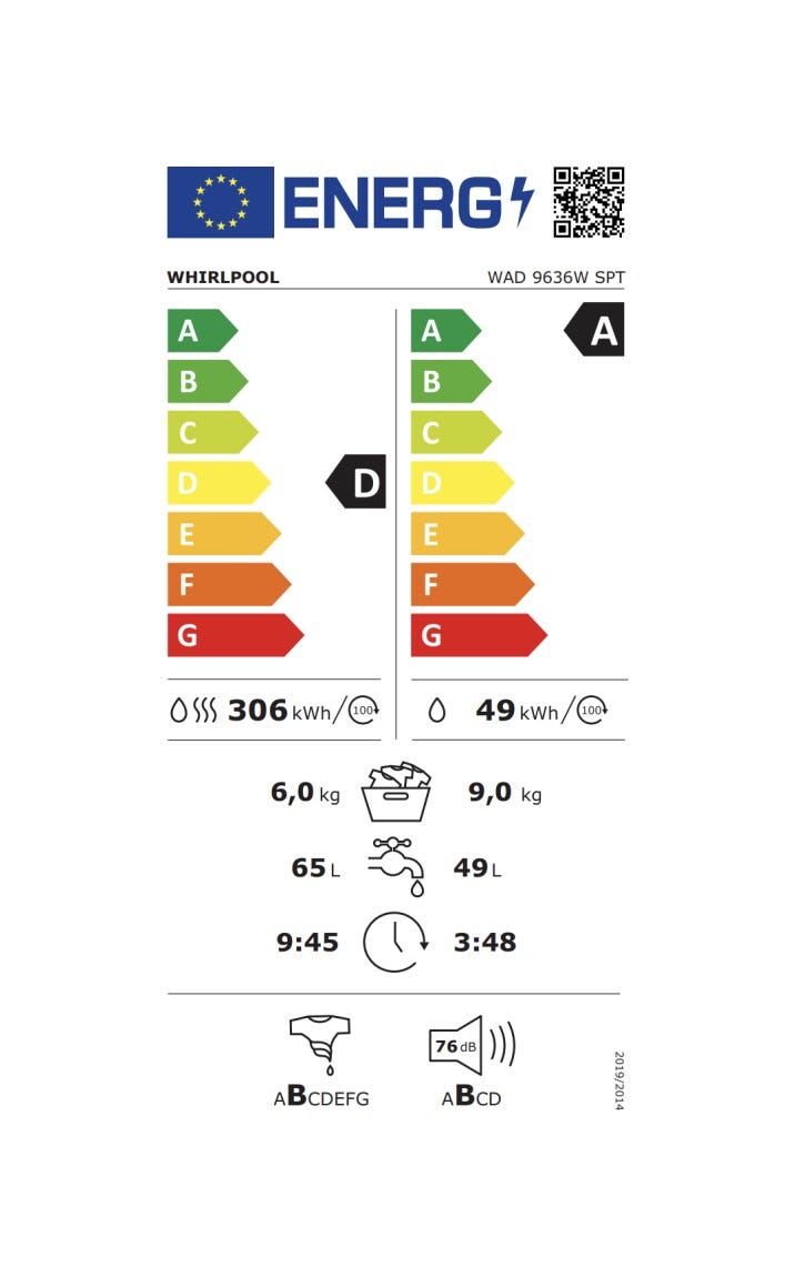 Whirlpool WAD 9636W SPT Lavasciuga a libera installazione cm. 60, capacità 9+6 kg, 1400 giri, motore inverter, 6° Senso, bianco