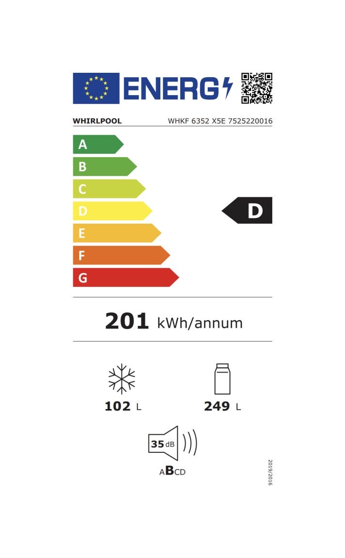 Whirlpool WHKF 6352 X5E Frigorifero con congelatore cm. 60, capacità 351 litri, Dual No Frost, 6° Senso, Zen Inverter, grigio