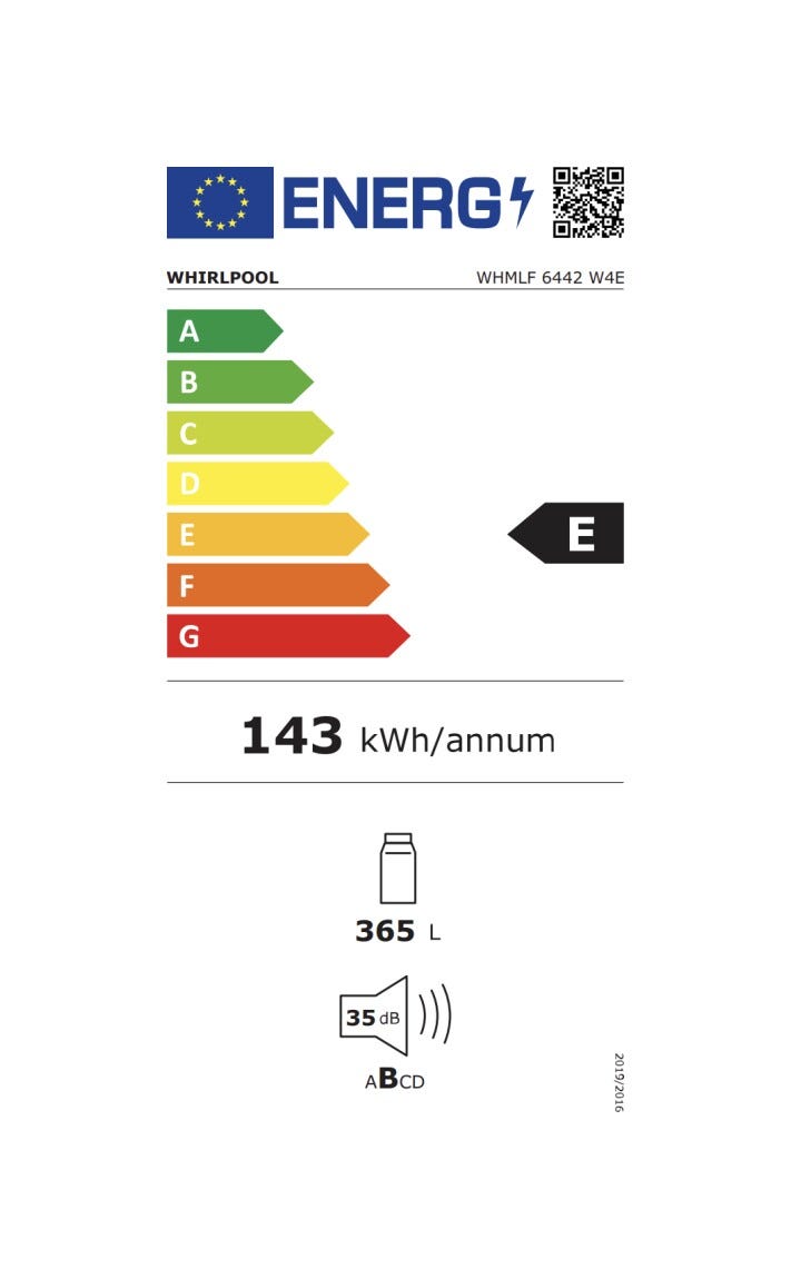 Whirlpool WHMLF 6442 W4E Frigorifero cm. 60, capacità 365 litri, No Frost, 35 dB, 6° Senso, bianco
