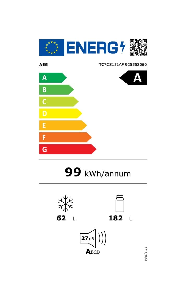 AEG TC7CS181AF serie 7000 Frigorifero con congelatore da incasso cm. 56, altezza 178, 245 litri, TwinTech, Total No Frost, Cassetto ChillZone 0°