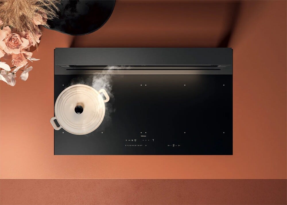 Falmec LEVEL ONE NERO OPACO COOKING Piano cottura a induzione 90 cm, vetroceramica nero opaco, cappa downdraft integrata, motore 800 m3/h