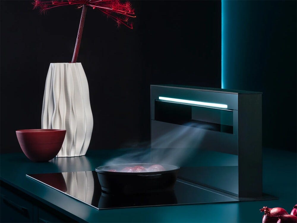 Falmec LEVEL ONE NERO OPACO COOKING Piano cottura a induzione 90 cm, vetroceramica nero opaco, cappa downdraft integrata, motore 800 m3/h