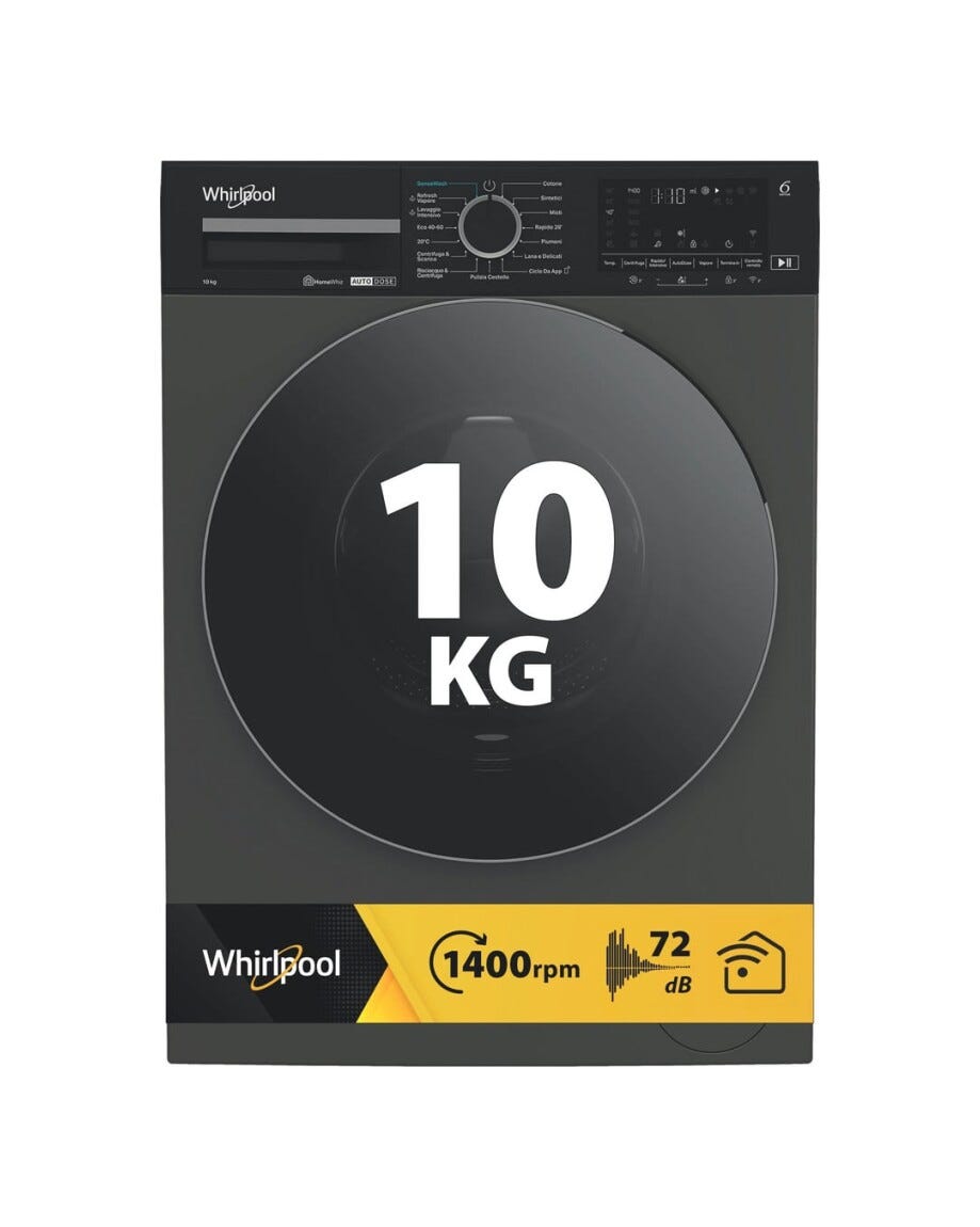 Whirlpool WPM 011G ADS IT Lavatrice cm. 60, capacità 10 kg, 1400 giri, motore inverter, tecnologia 6th Sense, nero