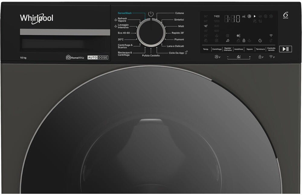 Whirlpool WPM 011G ADS IT Lavatrice cm. 60, capacità 10 kg, 1400 giri, motore inverter, tecnologia 6th Sense, nero