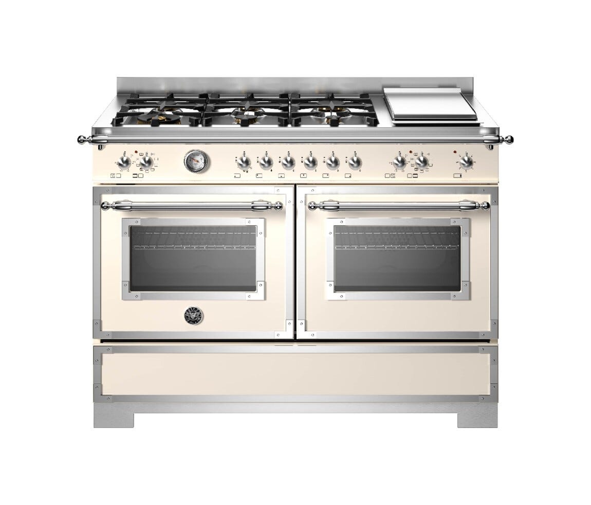 Bertazzoni HER126G2EAVT2 Heritage Cucina da accosto 120 cm, piano a gas 6 fuochi, doppio forno elettrico e piastra teppan-yaki, avorio