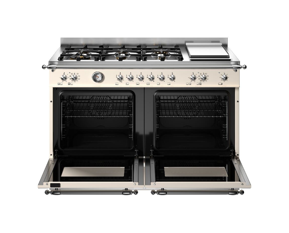 Bertazzoni HER126G2EAVT2 Heritage Cucina da accosto 120 cm, piano a gas 6 fuochi, doppio forno elettrico e piastra teppan-yaki, avorio