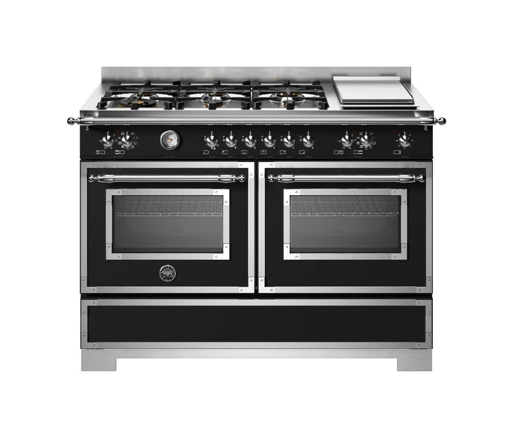 Bertazzoni HER126G2ENET2 Heritage Cucina da accosto 120 cm, piano a gas 6 fuochi, doppio forno elettrico e piastra teppan-yaki, nero opaco
