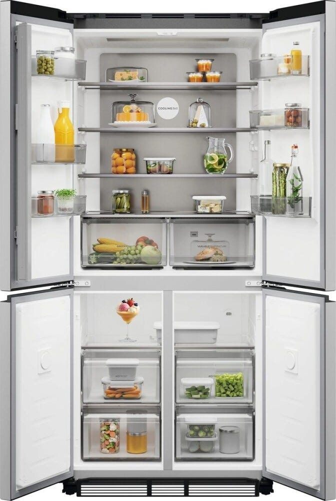 Electrolux LLT8HE49U0 serie 800 Frigorifero con congelatore 4 porte cm. 84, altezza 193, 485 litri, perfect fit slot in, fastfreeze, Total No Frost, pannello Cooling360, cassetto GreenZone, inox