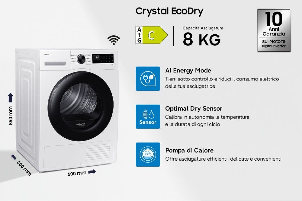 Samsung DV80DG52B0AEET SpaceMax™ Asciugatrice cm. 60 - 8 kg, pompa di calore, Optimal Dry, AI Control