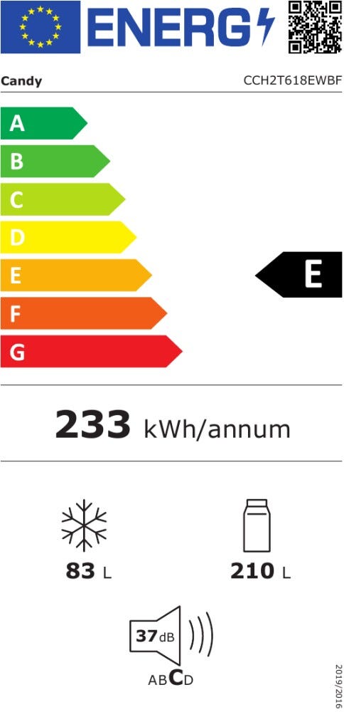 Candy CCH2T618EWBF Acabado Blanco Luminoso Frigorifero con congelatore a libera installazione, 60 x 60 x H. 186 cm, Total No Frost, Fresh 0°C, App hOn, bianco