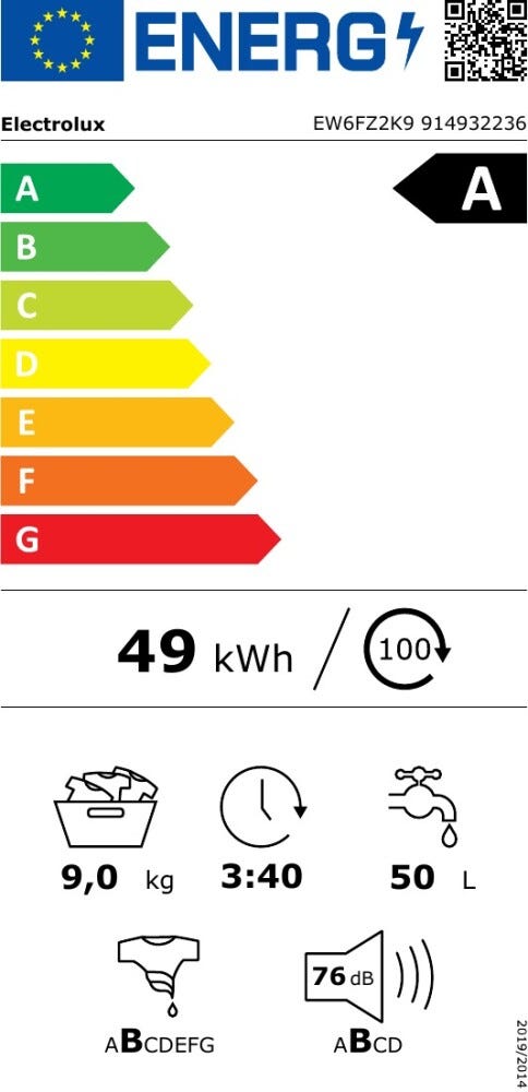 Electrolux EW6FZ2K9 serie 600 Lavatrice a carica frontale a libera installazione, 9 kg, SensiCare System e AI WashAssist.