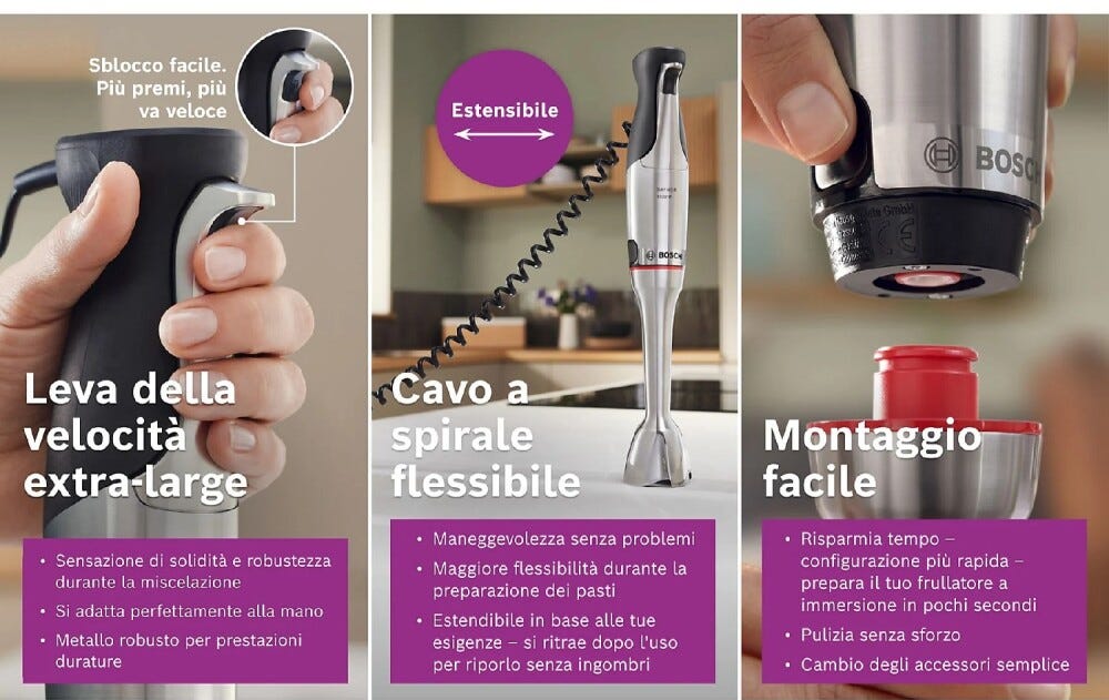 Bosch MSM8M914 8 Frullatore a immersione 1500 W, coltello a 6 lame, corpo in acciaio inox