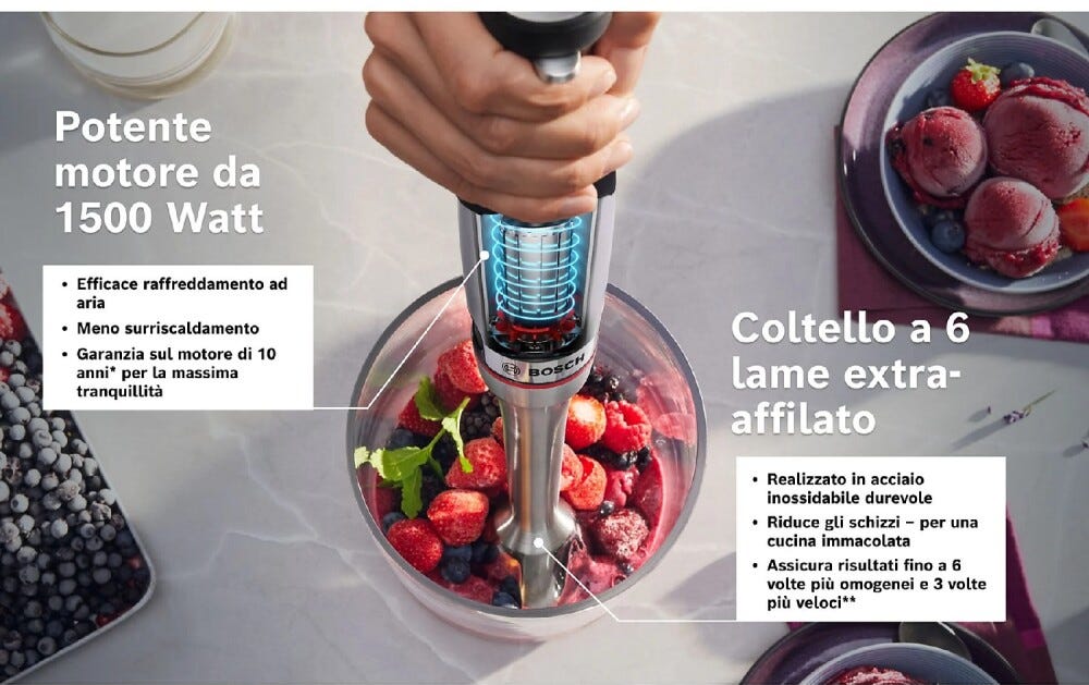 Bosch MSM8M914 8 Frullatore a immersione 1500 W, coltello a 6 lame, corpo in acciaio inox