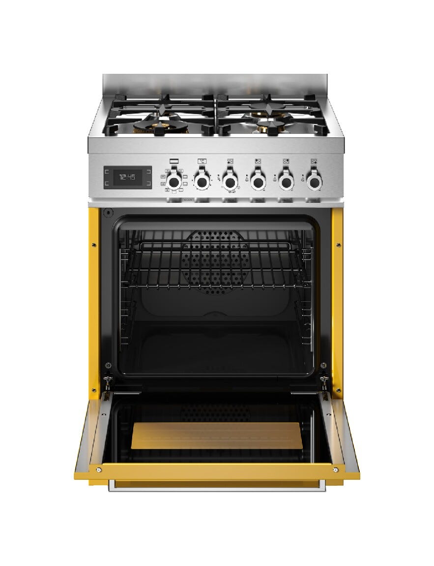 Bertazzoni PRO64L1EGIT2 Professional Cucina libera installazione 60 cm, 4 bruciatori in ottone, forno elettrico multifunzione 69 L, giallo