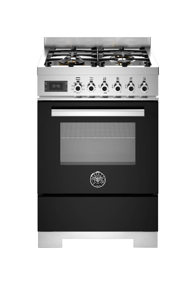 Bertazzoni PRO64L1ENET2 Professional Cucina libera installazione 60 cm, 4 bruciatori in ottone, forno elettrico multifunzione 69 L, nero