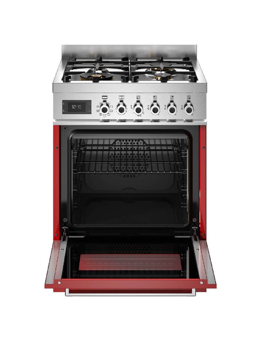 Bertazzoni PRO64L1EROT2 Professional Cucina da accosto 60 cm, 4 bruciatori in ottone, forno elettrico multifunzione 69 L, rosso