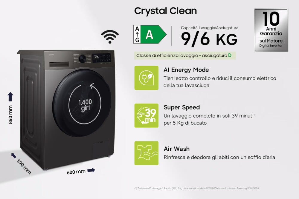 Samsung WD90HG5U34BXET Lavasciuga a libera installazione 9 kg lavaggio, 6 kg asciugatura, Ecobubble, Air Wash, 1400 giri, classe A, Refined Inox