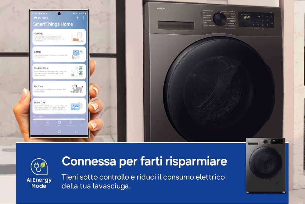 Samsung WD90HG5U34BXET Lavasciuga a libera installazione 9 kg lavaggio, 6 kg asciugatura, Ecobubble, Air Wash, 1400 giri, classe A, Refined Inox