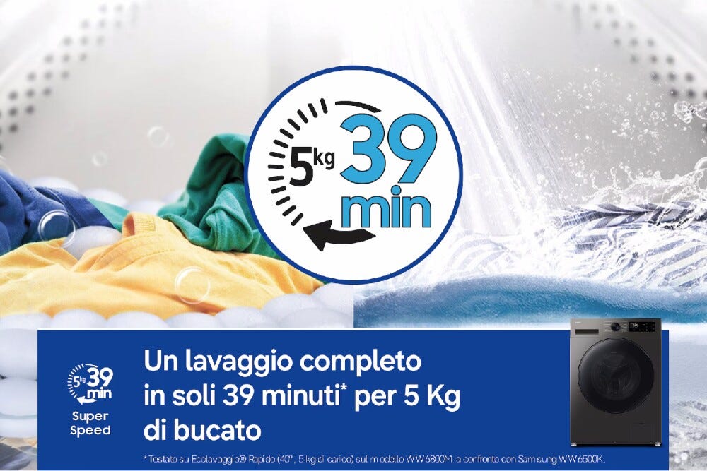 Samsung WD90HG5U34BXET Lavasciuga a libera installazione 9 kg lavaggio, 6 kg asciugatura, Ecobubble, Air Wash, 1400 giri, classe A, Refined Inox