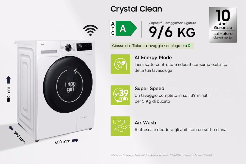 Samsung WD90HG5U34 Lavasciuga a carica frontale a libera installazione 9 kg lavaggio/6 kg asciugatura, Classe A, AI Ecobubble™, Bubble Shot, Digital Inverter, Biammco