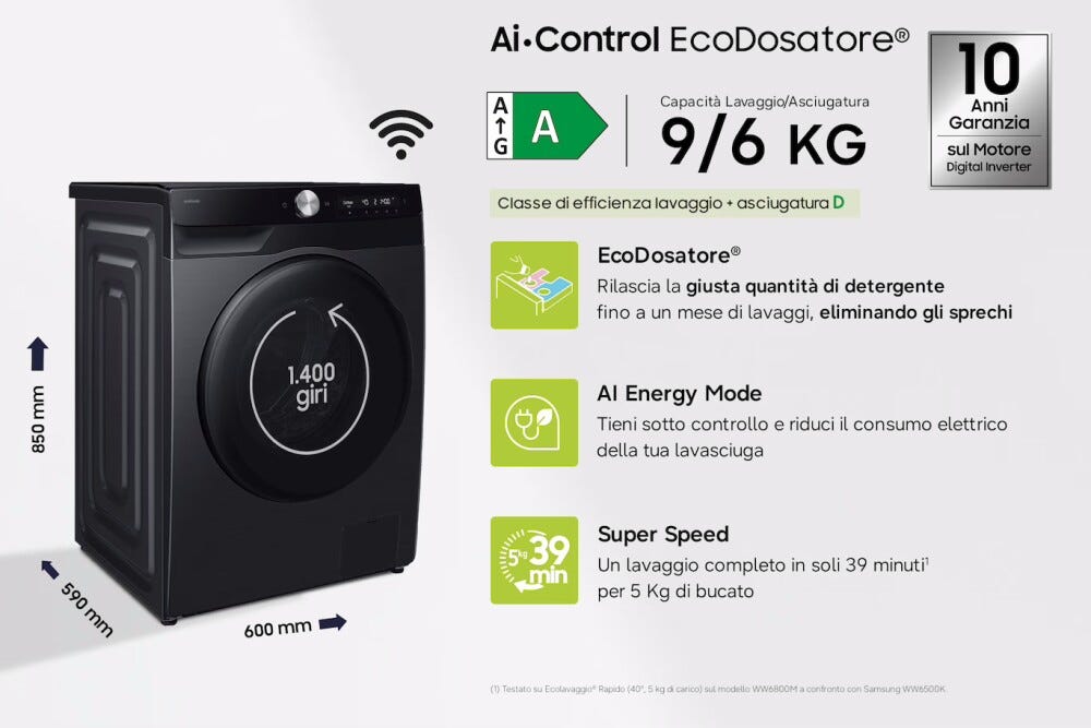 Samsung WD90HG6U94BBU3 Lavasciuga a libera installazione, 9+6 kg, AI Control, Ecobubble, Hygiene Steam, Classe A/E, nero