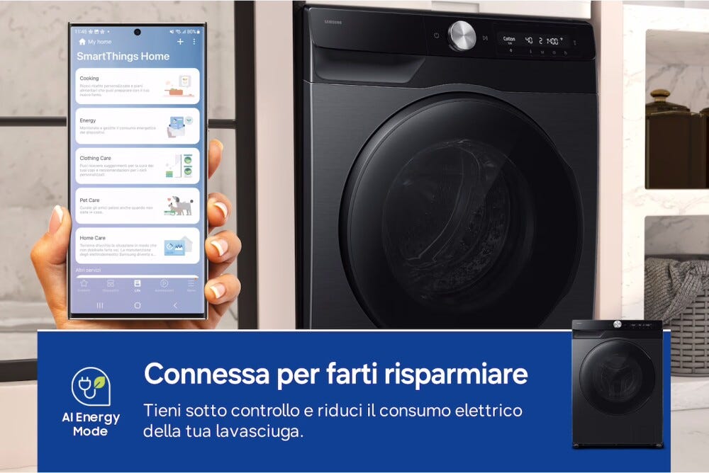 Samsung WD90HG6U94BBU3 Lavasciuga a libera installazione, 9+6 kg, AI Control, Ecobubble, Hygiene Steam, Classe A/E, nero