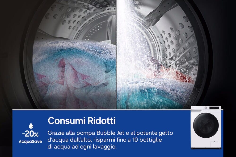 Samsung WD10HG6U94BEU3 Lavasciuga a libera installaizone 10+6 kg, AI Ecobubble™, Vapore Igienizzante, 1400 rpm, Classe D, Bianco