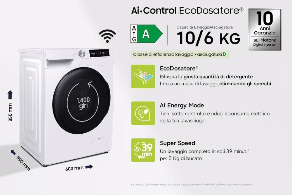 Samsung WD10HG6U94BEU3 Lavasciuga a libera installaizone 10+6 kg, AI Ecobubble™, Vapore Igienizzante, 1400 rpm, Classe D, Bianco