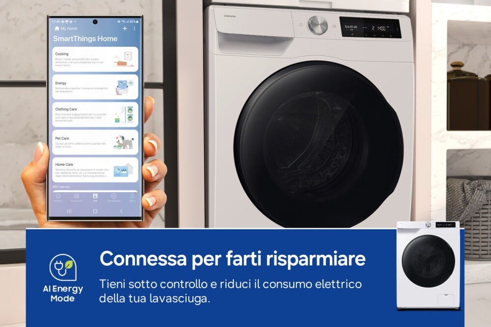 Samsung WD10HG6U94BEU3 Lavasciuga a libera installaizone 10+6 kg, AI Ecobubble™, Vapore Igienizzante, 1400 rpm, Classe D, Bianco