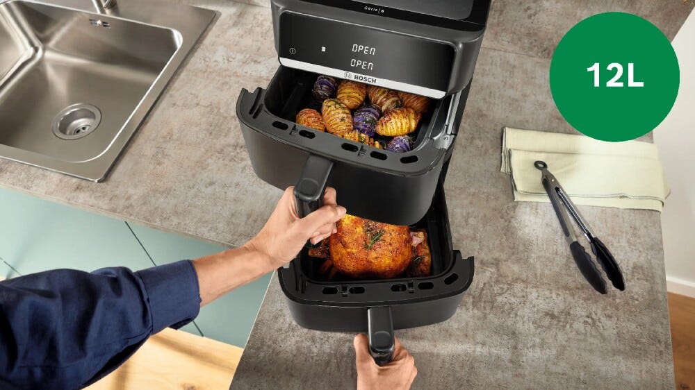 Bosch MAFD661B0 Friggitrice ad aria doppio cestello verticale, 12 L, 6 programmi, 2800 W, nero