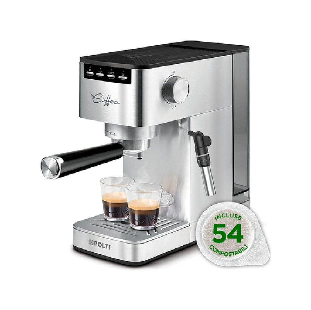 polti PCEU0131 Macchina da caffè, caffè macinato e cialde E.S.E., 15 bar, kit degustazione 54 cialde, argento