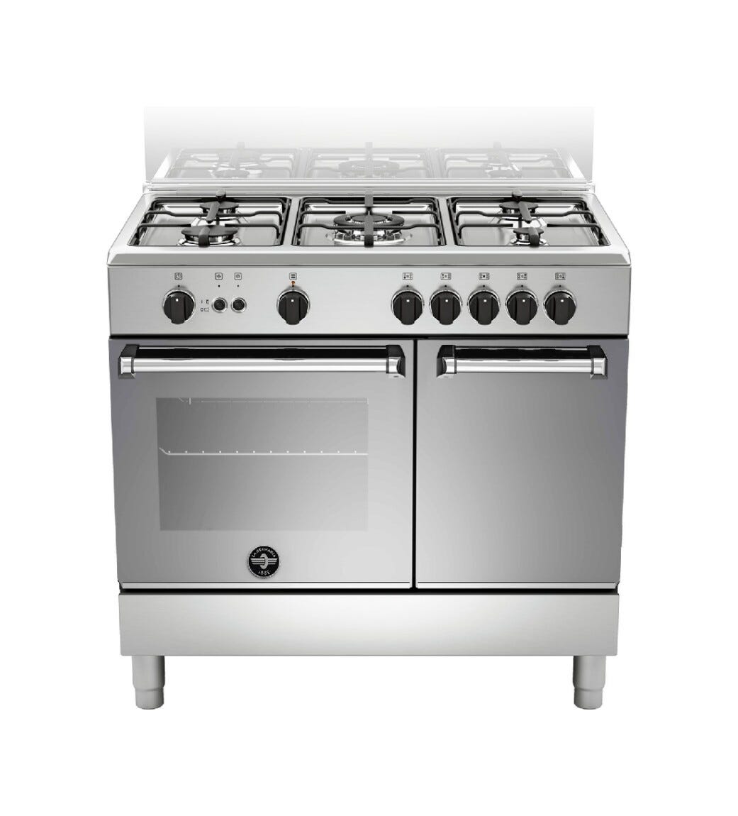 La Germania AMN9P5GXVC Americana Cucina da accosto Piano inox 90 cm, 5 fuochi, forno gas ventilato, cavità extra-large, inox
