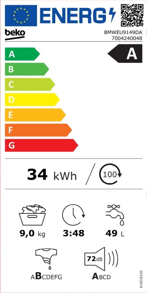 Beko BMWEU9149DA Lavatrice a carica frontale a libera installazione, 9 kg, 1400 giri/min, classe A, bianco