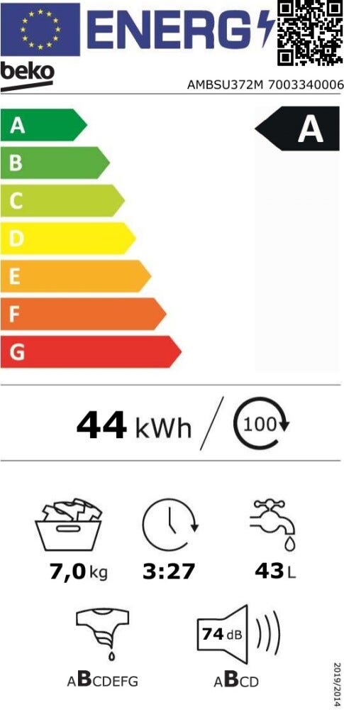 Beko AMBSU372M Lavatrice a carica frontale a libera installazione, 60 cm, capacità 7 kg, classe A, grigio Manhattan