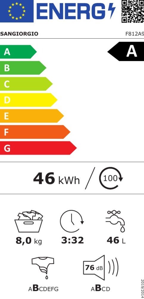 SanGiorgio F812A9 F4-STAR Lavatrice 60 cm, capacità 8 kg, classe A, bianco