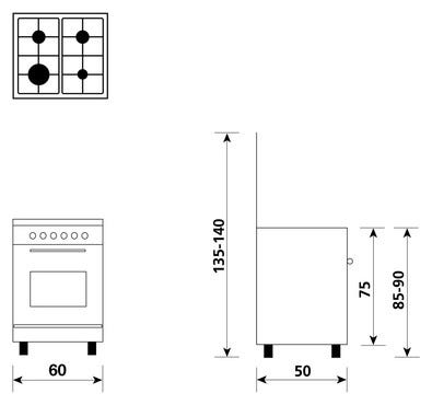 Glem A654MI6 ALPHA Cucina da accosto cm. 60 x 50 - inox 4 fuochi - 1 forno elettrico