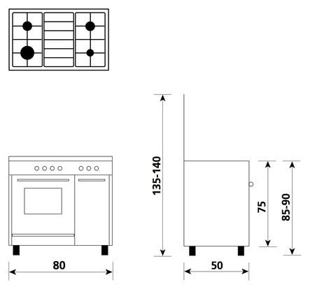 Glem AS854GI ALPHA Cucina da accosto cm. 80 x 50 - inox 4 fuochi - 1 forno a gas - stipetto