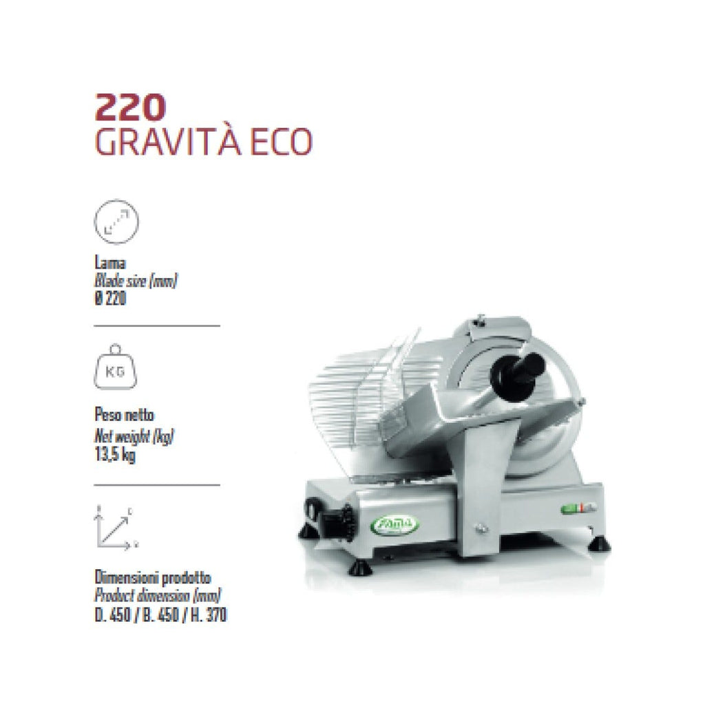 Fama FAF223 Gravità Eco Affettatrice a Gravità, Trasmissione a cinghia, lama Ø220 mm, affilatoio incorporato