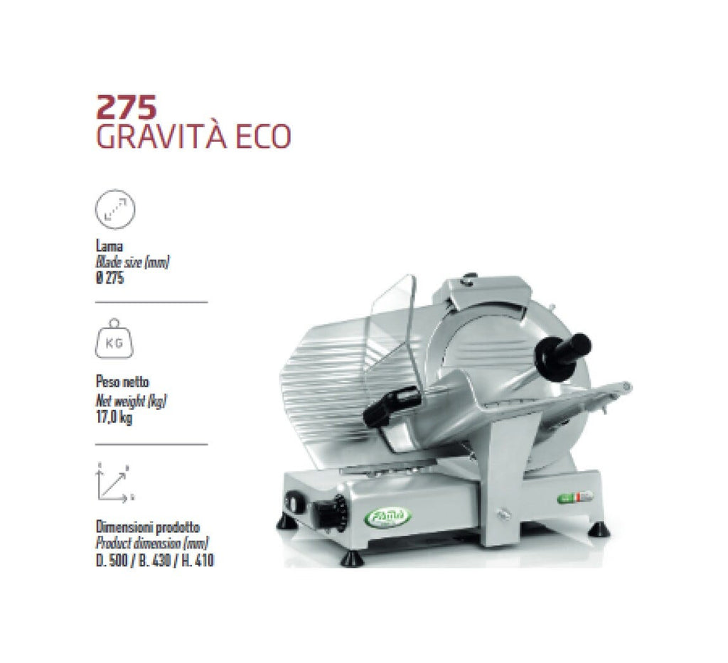 Fama FA279 Gravità Eco Affettatrice a Gravità, Trasmissione a cinghia, lama Ø275 mm, affilatoio incorporato