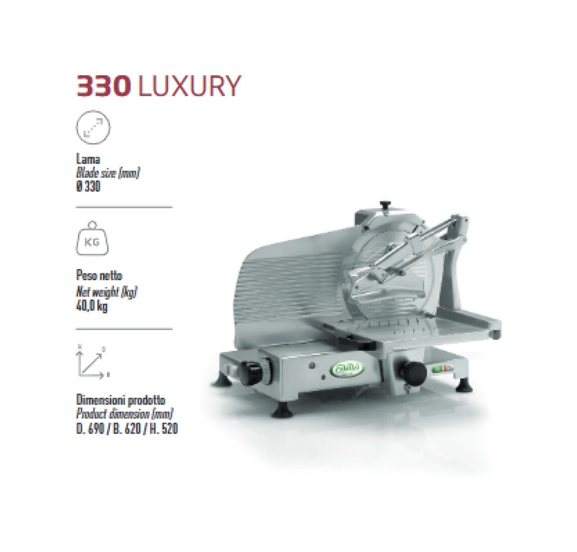 Fama FA331 Luxury Affettatrice Verticale 330, Monofase, Lama Ø330 mm, trasmissione a cinghia in poliestere